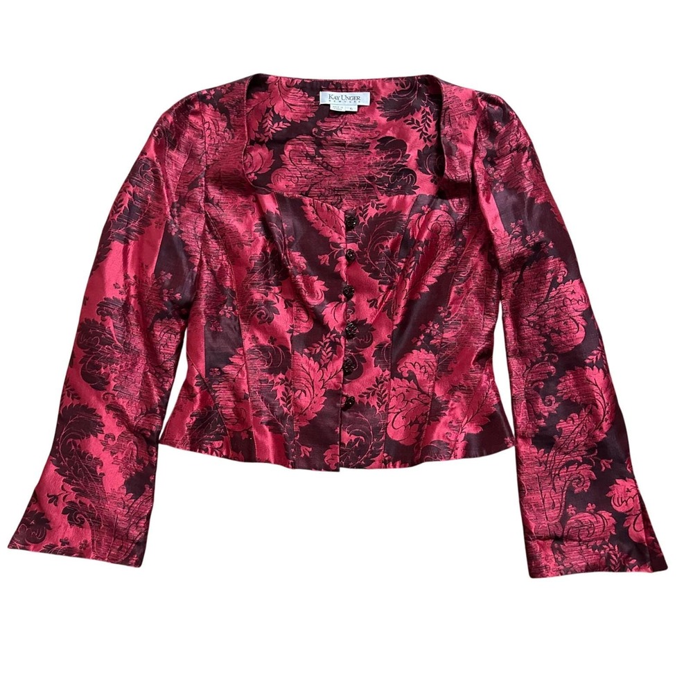 Vtg Kay Unger New‎ York Silk Jacquard Brocade Blazer Red Burgundy 6 Romantic